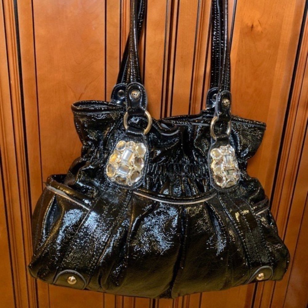 Kathy van Zeeland black patent jewel purse
